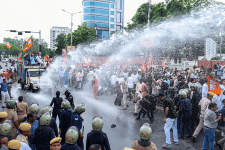 Raj police use water cannons to stop protestors as BJP marches to Congress HQ; INC announces counter-march
