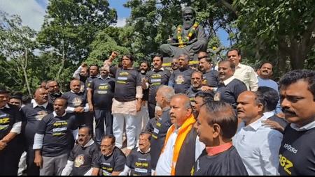 Protesting BJP MLAs in black T-shirts force way into K'taka Vidhana Soudha seeking Nagendra's resignation